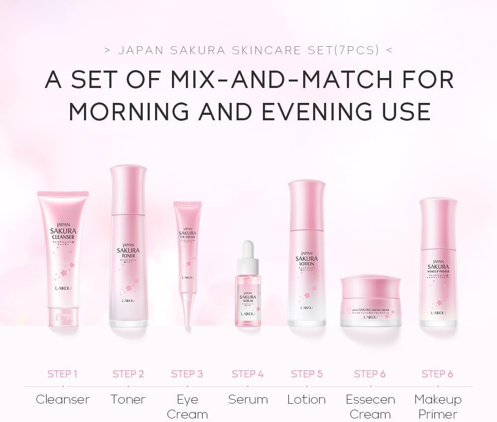 LAIKOU Sakura Skincare Set, Skincare Gift Set, with Cleanser, Toner, Lotion, Serum, Eye Cream, Face Cream, Makeup Primer, for Women Teenage Girls Mom Daughter Birthday Gift
