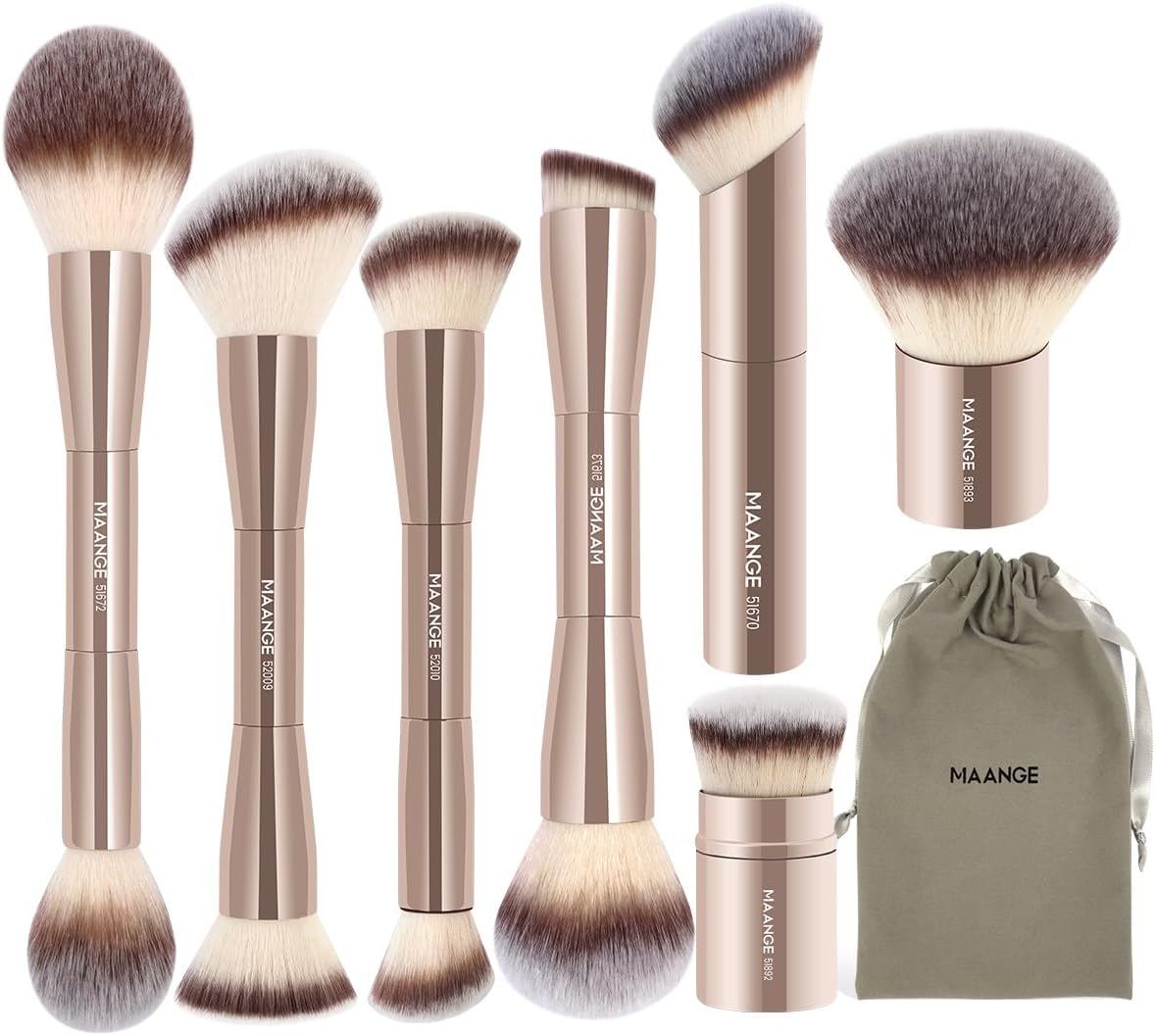 MAANGE 7pcs Makeup Brush Set Double Sided Kabuki Makeup Brushes Contour Brush for Foundation Liquid Powder Concealer Cream Cosmetics Bronzer Blending Blush Buffing Makeup Tools (Gold)