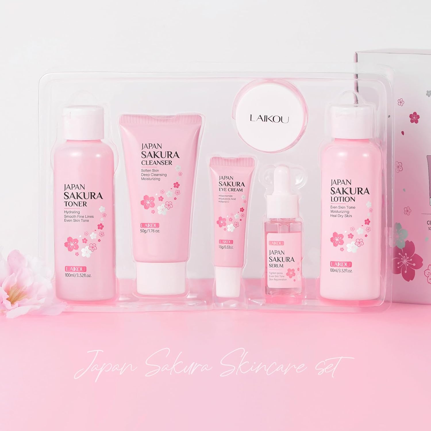 LAIKOU Sakura Skincare Set - 6 PCS Hydrating and Revitalizing Skincare Gift Set for Women, Teens, Moms & Daughters - Deep Cleansing, Anti-Aging, Nourishing, Even Skin Tone Treatment