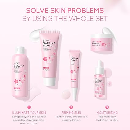 LAIKOU Sakura Skin Care Set, 5-Piece Sakura Face Care Set Teenagers, Skin Care Gift Set Women with Cleanser Toner Serum Eye Cream Face Care Moisture for Teenagers Women