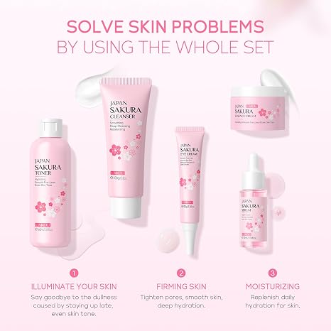 LAIKOU Sakura Skin Care Set, 5-Piece Sakura Face Care Set Teenagers, Skin Care Gift Set Women with Cleanser Toner Serum Eye Cream Face Care Moisture for Teenagers Women