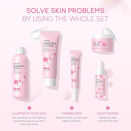 LAIKOU Sakura Skin Care Set, 5-Piece Sakura Face Care Set Teenagers, Skin Care Gift Set Women with Cleanser Toner Serum Eye Cream Face Care Moisture for Teenagers Women