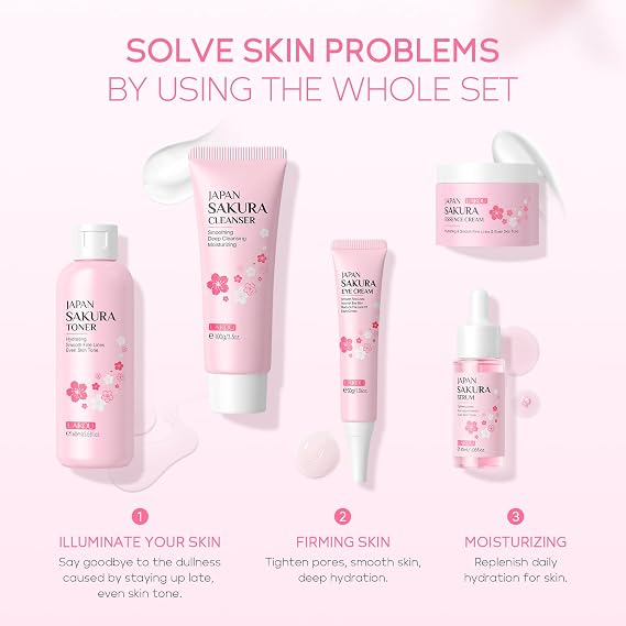 LAIKOU Sakura Skin Care Set, 5-Piece Sakura Face Care Set Teenagers, Skin Care Gift Set Women with Cleanser Toner Serum Eye Cream Face Care Moisture for Teenagers Women