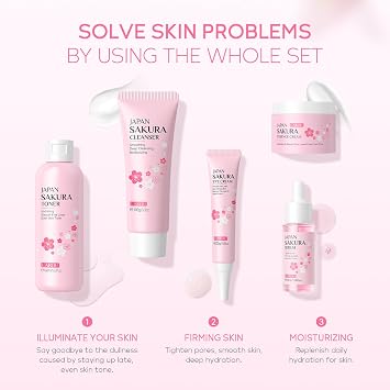LAIKOU Sakura Skin Care Set, 5-Piece Sakura Face Care Set Teenagers, Skin Care Gift Set Women with Cleanser Toner Serum Eye Cream Face Care Moisture for Teenagers Women