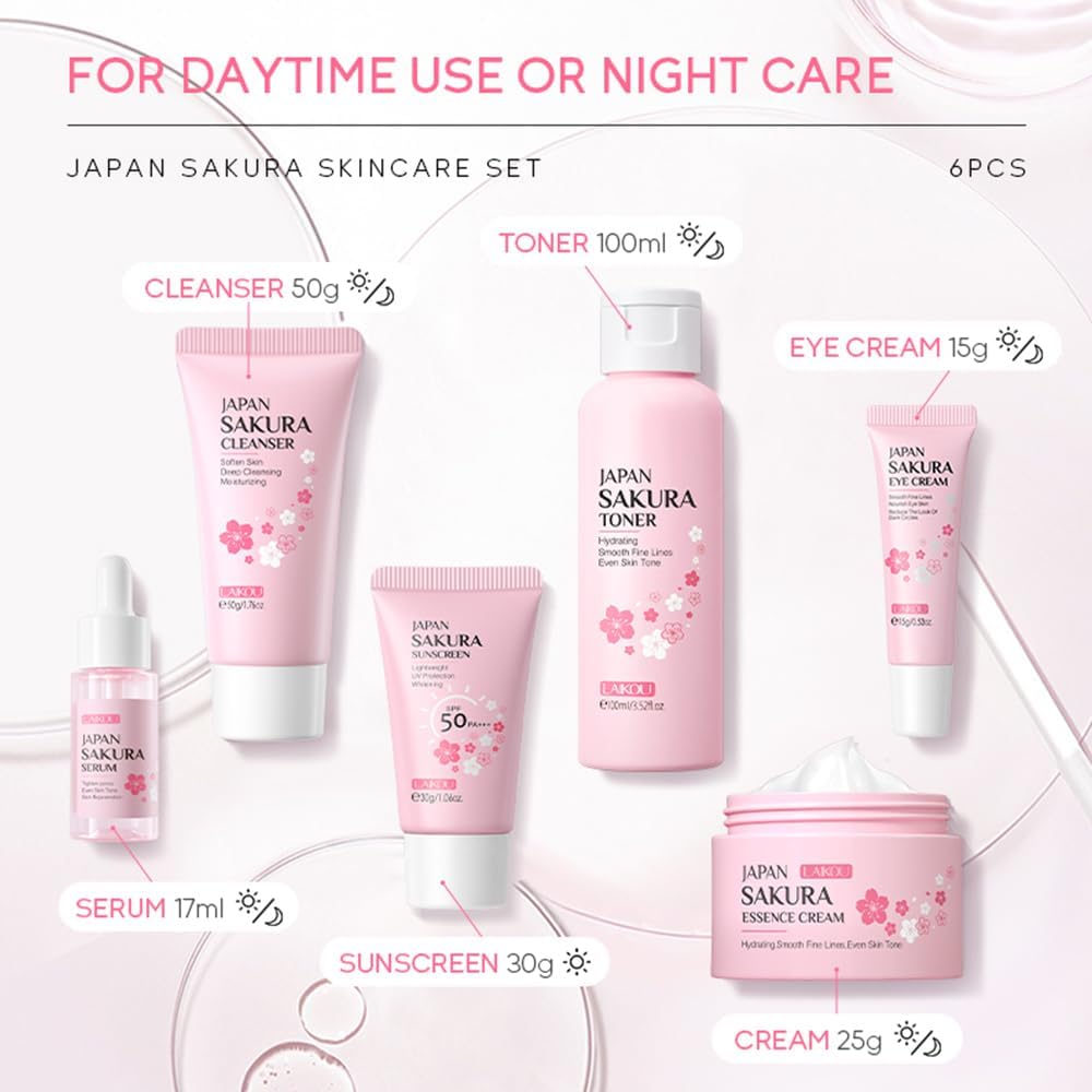 LAIKOU Skincare Gift Set for Teenage Girls, JAPAN SAKURA Skin Care Sets & Kits Gift Set for Women with Cleanser,Toner,Serum,Eye Cream,Face Cream,Sunscreen for Pores, Moisturizing Travel Kit 6pcs
