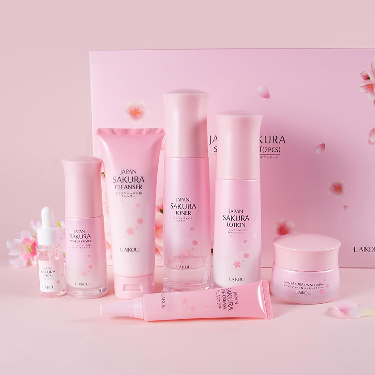 LAIKOU Sakura Skincare Set, Skincare Gift Set, with Cleanser, Toner, Lotion, Serum, Eye Cream, Face Cream, Makeup Primer, for Women Teenage Girls Mom Daughter Birthday Gift