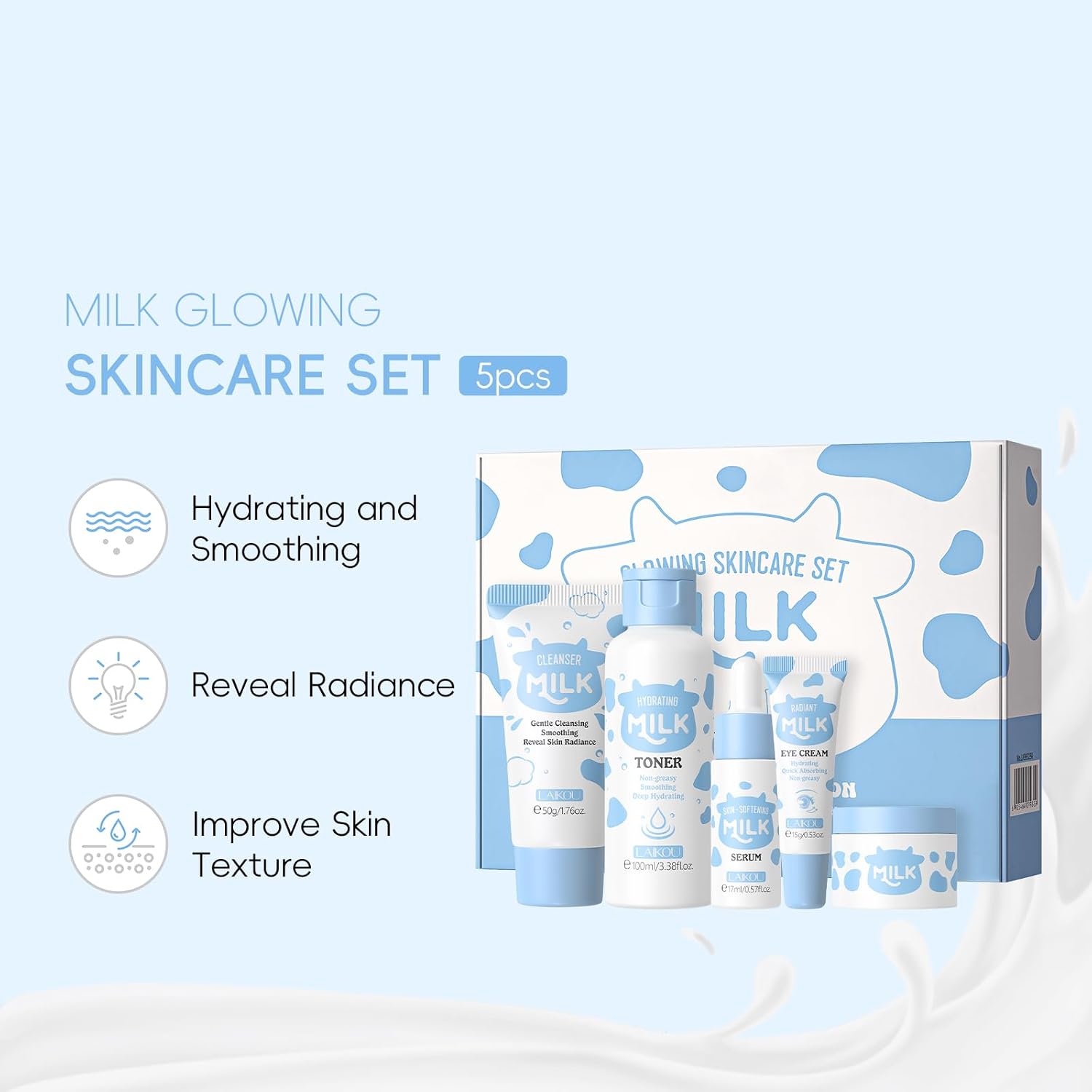 LAIKOU Milk Beauty Gift Sets for Teenage Girls with Cleanser, Cream, Toner, Eye Cream, Serum, Facial Kits for Women Wife Mom, Deep Hydrating Smoothing 5pcs