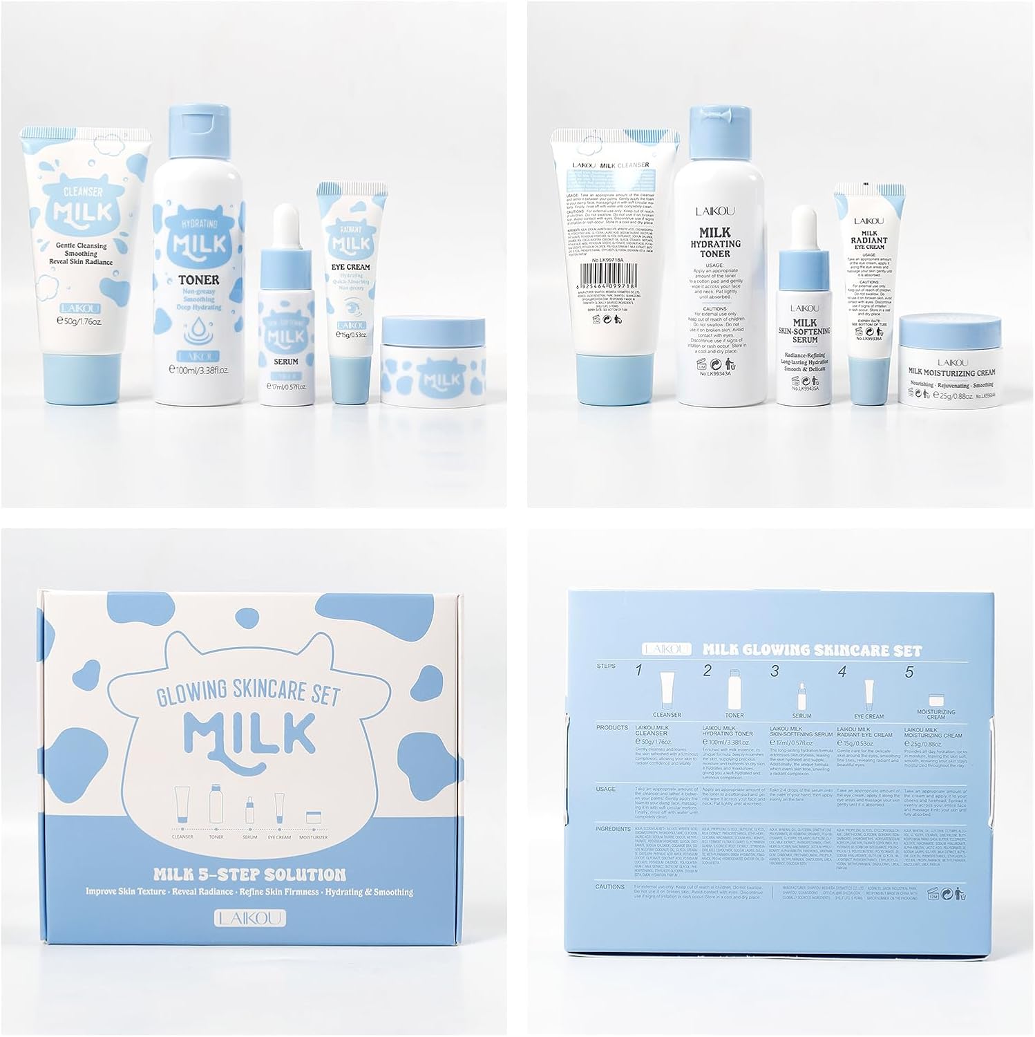 LAIKOU Milk Beauty Gift Sets for Teenage Girls with Cleanser, Cream, Toner, Eye Cream, Serum, Facial Kits for Women Wife Mom, Deep Hydrating Smoothing 5pcs
