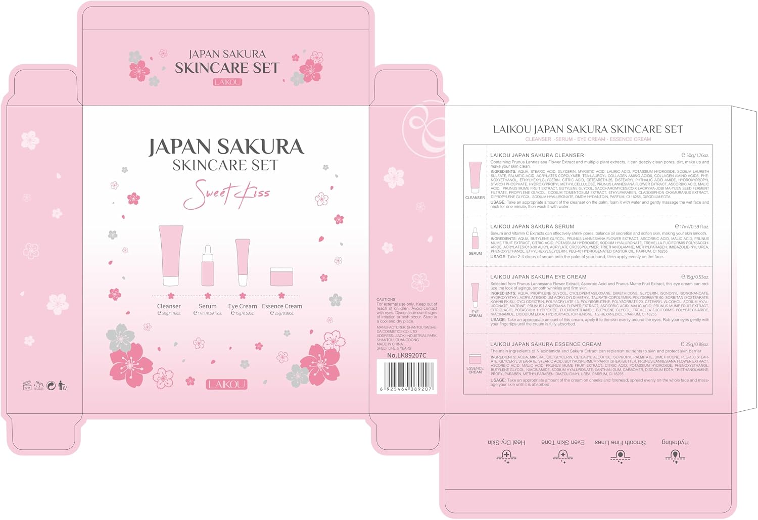 LAIKOU Sakura Skincare Set, 4 PCS Skincare Gift Set Women - Cleanser, Serum, Eye Cream, Face Cream, Skincare Gift Set for Women Teenage Girls Mom Daughter