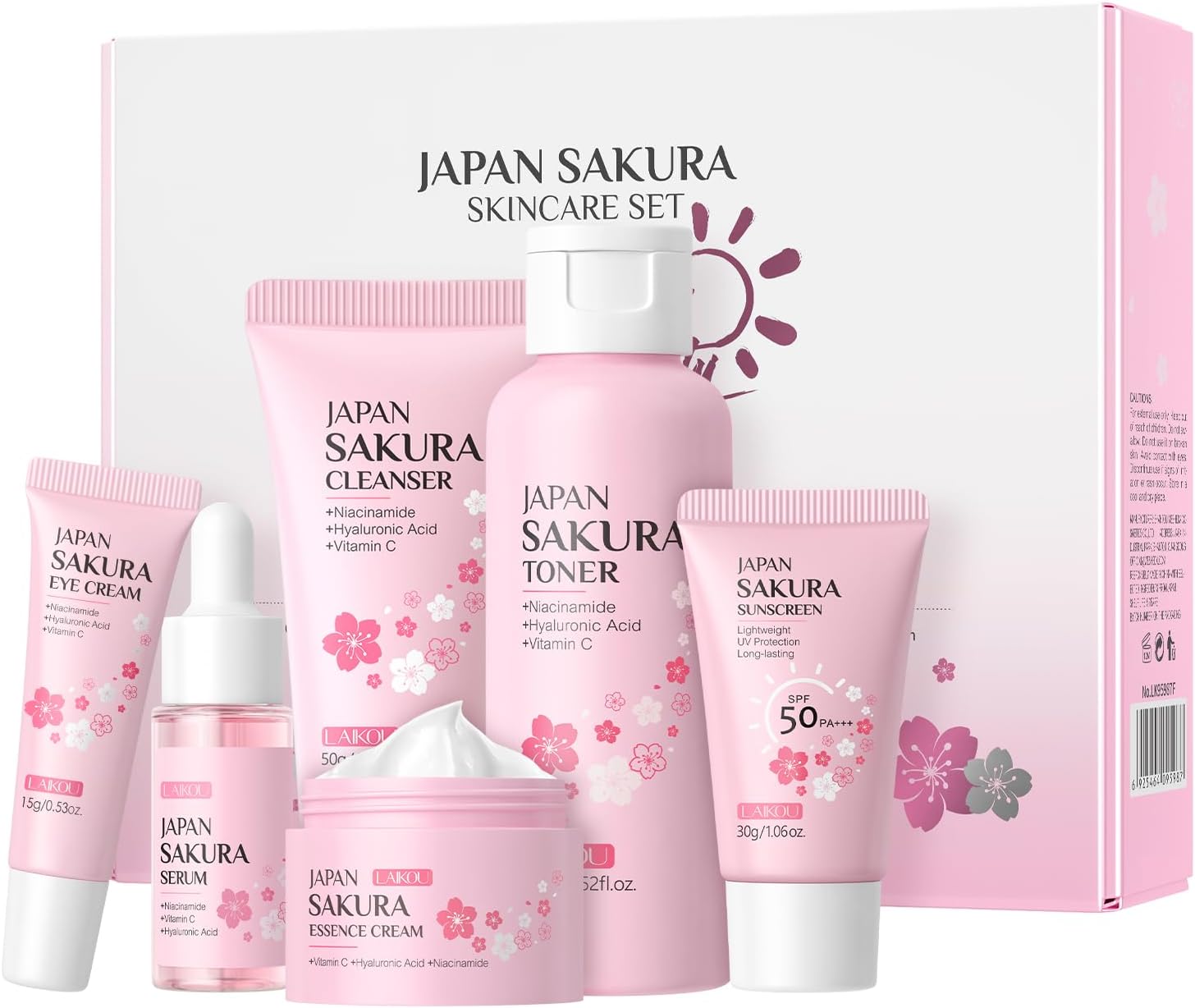 LAIKOU Skincare Gift Set for Teenage Girls, JAPAN SAKURA Skin Care Sets & Kits Gift Set for Women with Cleanser,Toner,Serum,Eye Cream,Face Cream,Sunscreen for Pores, Moisturizing Travel Kit 6pcs