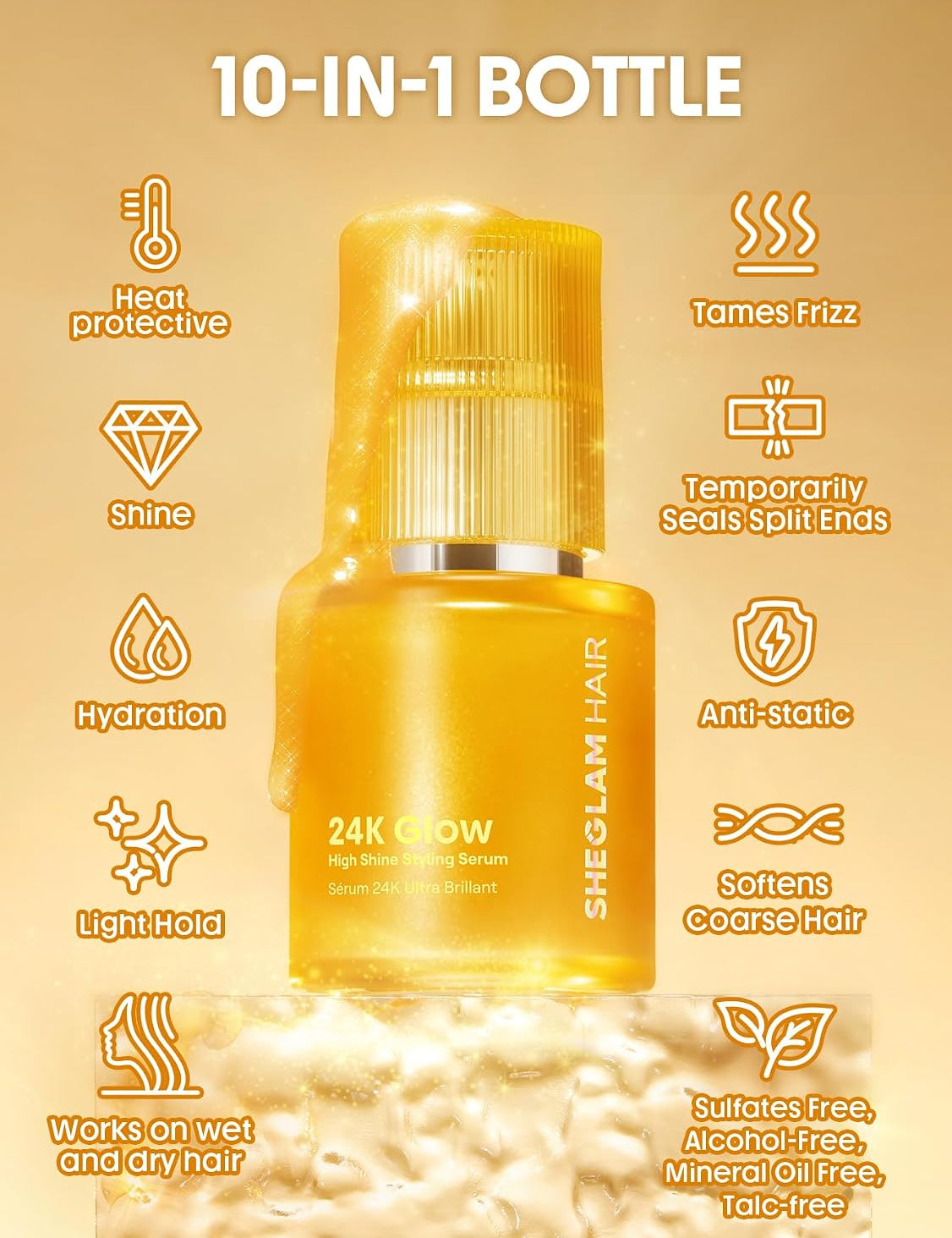 SHEGLAM 24K Glow Hair Oil Serum, 10-in-1 Treatment for Frizz Control, Shine & Heat Protection with Almond & Macadamia Oil, for All Hair Types, 1.69 fl oz