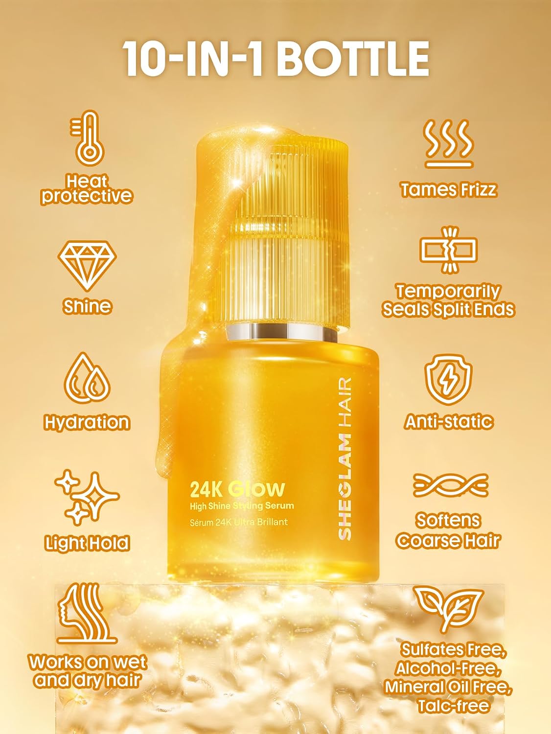 SHEGLAM 24K Glow Hair Oil Serum, 10-in-1 Treatment for Frizz Control, Shine & Heat Protection with Almond & Macadamia Oil, for All Hair Types, 1.69 fl oz