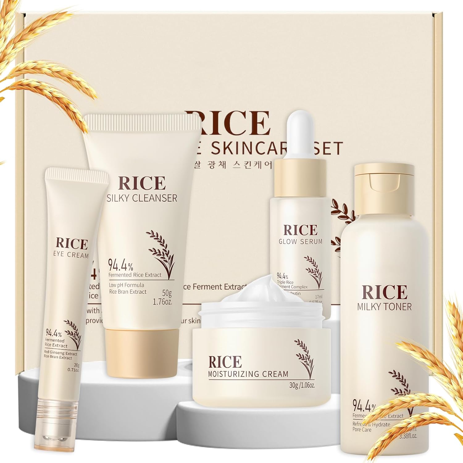 LAIKOU Rice Face Care, Pack of 5 Skin Care Women's Face Set, Travel Size Skincare with Facial Cleanser, Rice Toner, Eye Cream, Serum Moisturising Cream, for Daily Moisture & Care