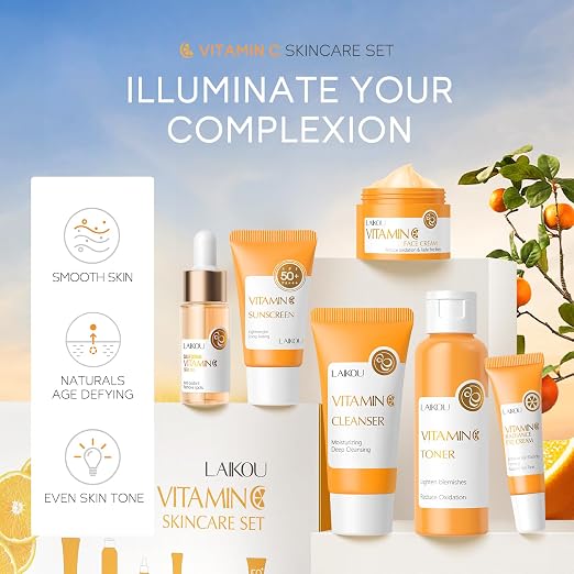 LAIKOU Vitamin C Skin Care Set, 6 Pcs Skincare Kit for Women, with Vitamin C Serum for Face Toner Eye Cream Face Cream Cleanser Sunscreen, Skin Care Gift Set for Women Teenage Girls Mom Daughter
