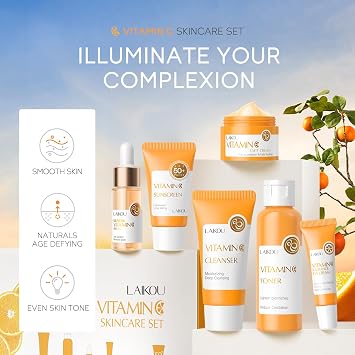 LAIKOU Vitamin C Skin Care Set, 6 Pcs Skincare Kit for Women, with Vitamin C Serum for Face Toner Eye Cream Face Cream Cleanser Sunscreen, Skin Care Gift Set for Women Teenage Girls Mom Daughter