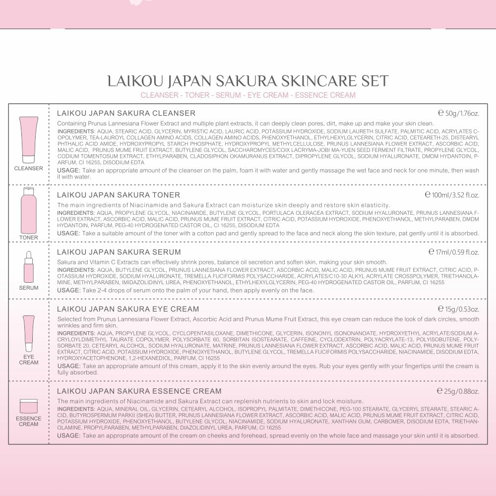 LAIKOU Sakura Skincare Set, Skincare Gift Set, for Women Teenage Girls Mom Daughter Birthday Gift (Conventional, count, 5) | Travel Size Skin Care with Cleanser Toner Serum Eye Cream Face Gift Set for Women Teens