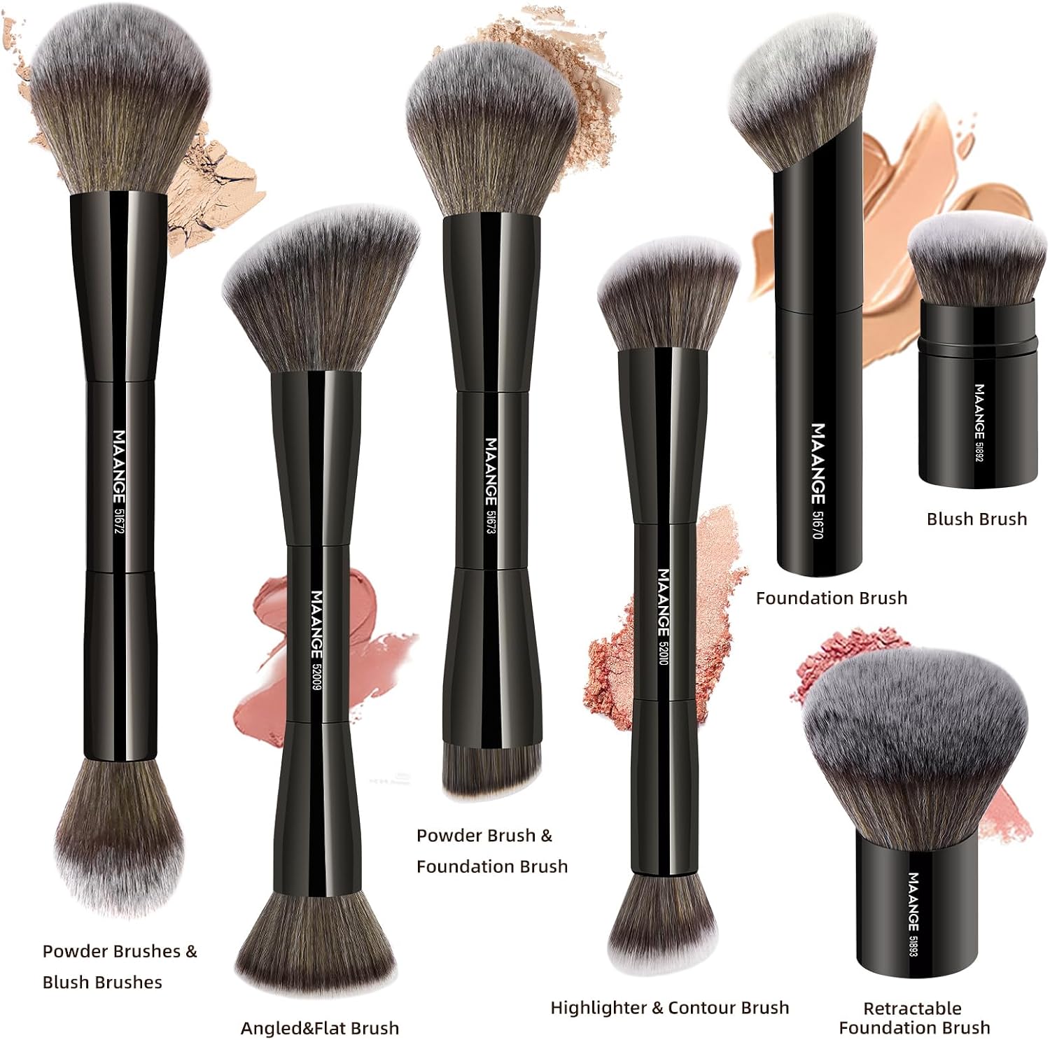 MAANGE 7pcs Makeup Brush Set Double Sided Kabuki Makeup Brushes Contour Brush for Foundation Liquid Powder Concealer Cream Cosmetics Bronzer Blending Blush Buffing Makeup Tools (Black)