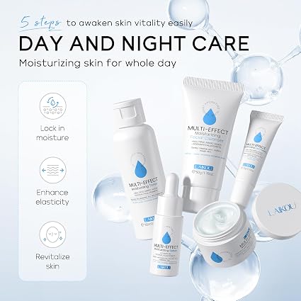 LAIKOU Multi-effect Moisturizing Skincare Set, 5 pcs Hydration Skin Care, Travel Size Skincare Kit with Cleanser Facial, Toner Hydrating, Face Serum, Eye Cream and Moisturiser Cream