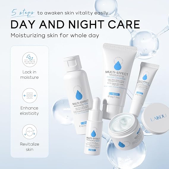 LAIKOU Multi-effect Moisturizing Skincare Set, 5 pcs Hydration Skin Care, Travel Size Skincare Kit with Cleanser Facial, Toner Hydrating, Face Serum, Eye Cream and Moisturiser Cream