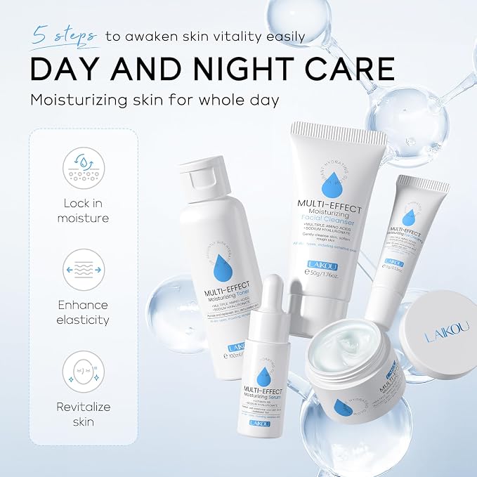 LAIKOU Multi-effect Moisturizing Skincare Set, 5 pcs Hydration Skin Care, Travel Size Skincare Kit with Cleanser Facial, Toner Hydrating, Face Serum, Eye Cream and Moisturiser Cream