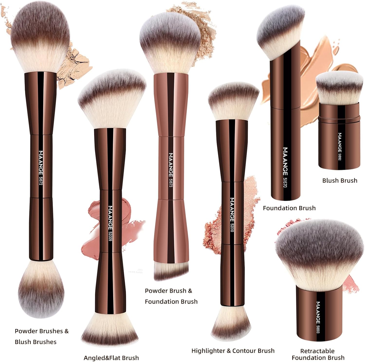 MAANGE 7-Piece Makeup Brush Set Double-Ended Kabuki Brushes, Contour Brushes for Foundation, Liquid and Powder Products, Concealer, Cream Cosmetics, Makeup Tools (Coffee)