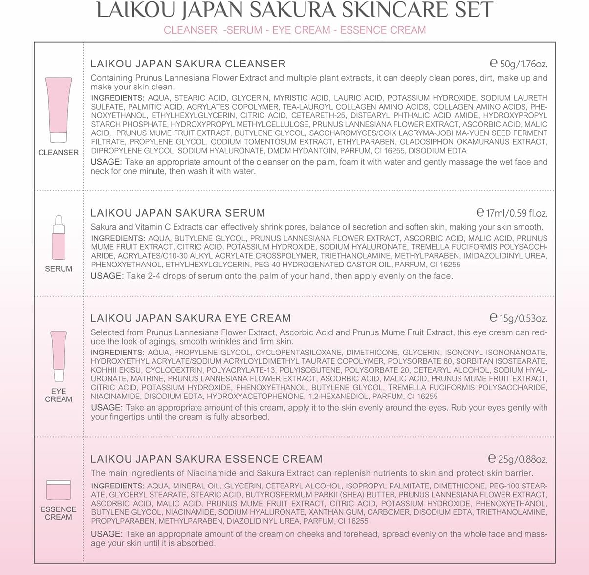 LAIKOU Sakura Skincare Set, 4 PCS Skincare Gift Set Women - Cleanser, Serum, Eye Cream, Face Cream, Skincare Gift Set for Women Teenage Girls Mom Daughter