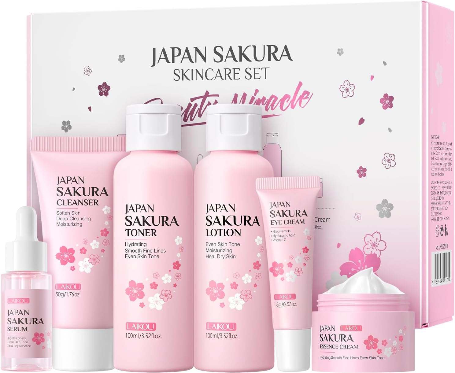 LAIKOU Sakura Skincare Set - 6 PCS Hydrating and Revitalizing Skincare Gift Set for Women, Teens, Moms & Daughters - Deep Cleansing, Anti-Aging, Nourishing, Even Skin Tone Treatment