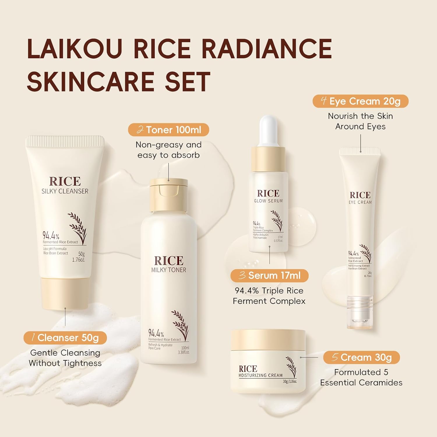 LAIKOU Rice Face Care, Pack of 5 Skin Care Women's Face Set, Travel Size Skincare with Facial Cleanser, Rice Toner, Eye Cream, Serum Moisturising Cream, for Daily Moisture & Care