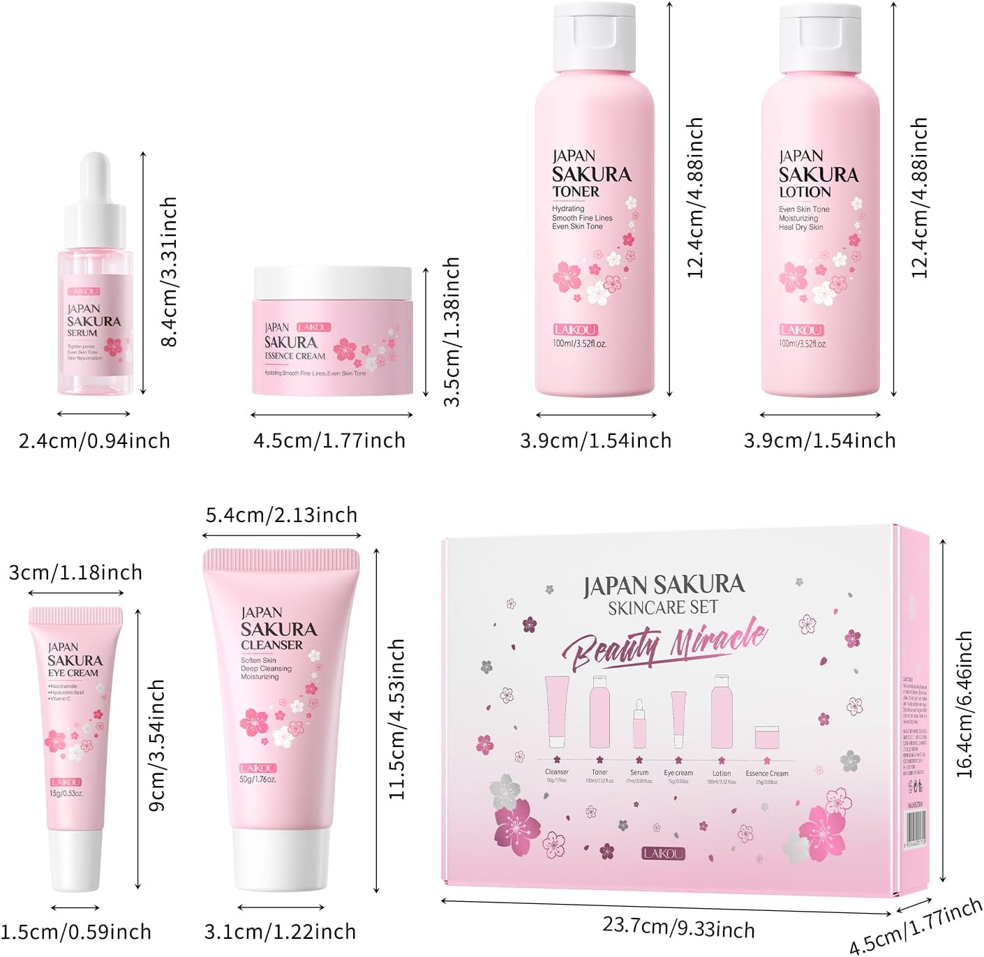 LAIKOU Sakura Skincare Set - 6 PCS Hydrating and Revitalizing Skincare Gift Set for Women, Teens, Moms & Daughters - Deep Cleansing, Anti-Aging, Nourishing, Even Skin Tone Treatment