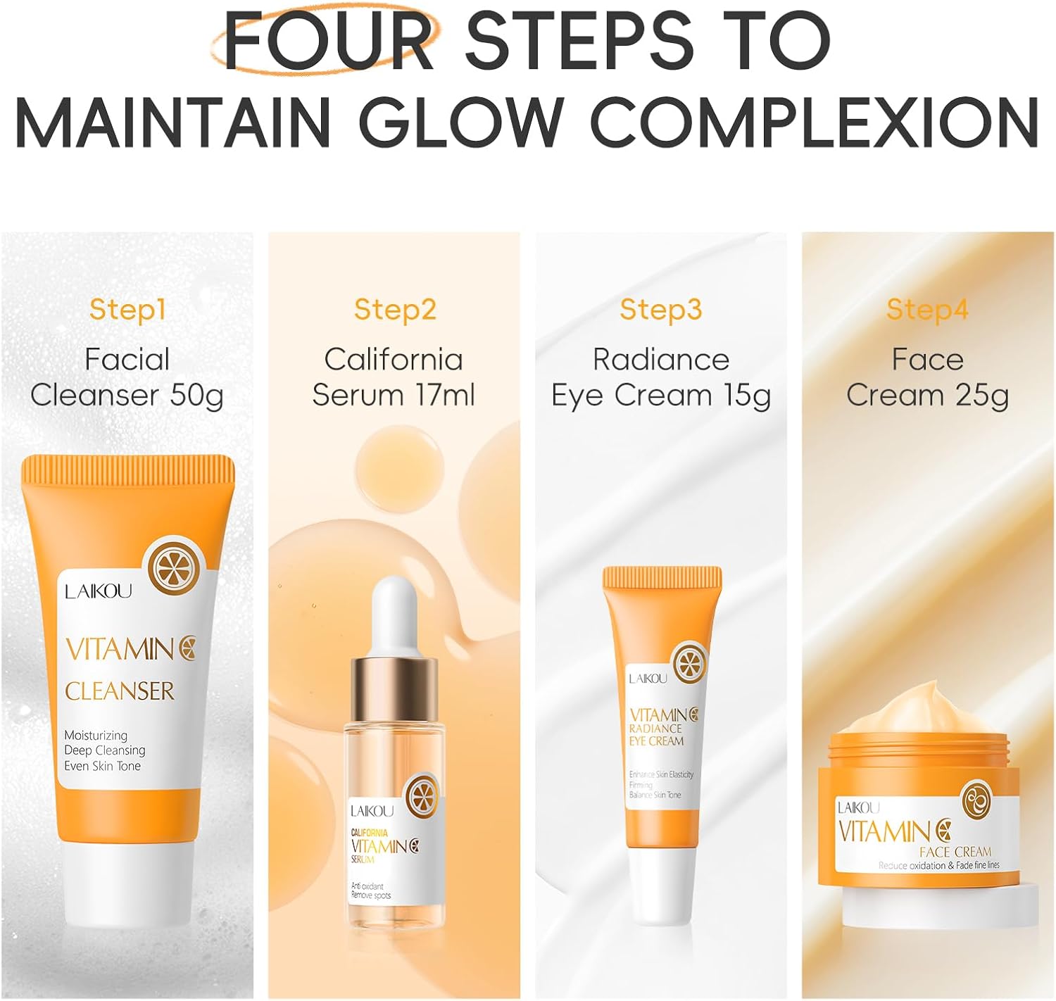 LAIKOU Vitamin C Skincare Set, 4pcs Face Skin Care Kit for Women - Cleanser, Serum, Eye Cream & Face Cream, Pamper Gift Sets for Women Teenage Girls, Facial Care Kit for Radiant Skin