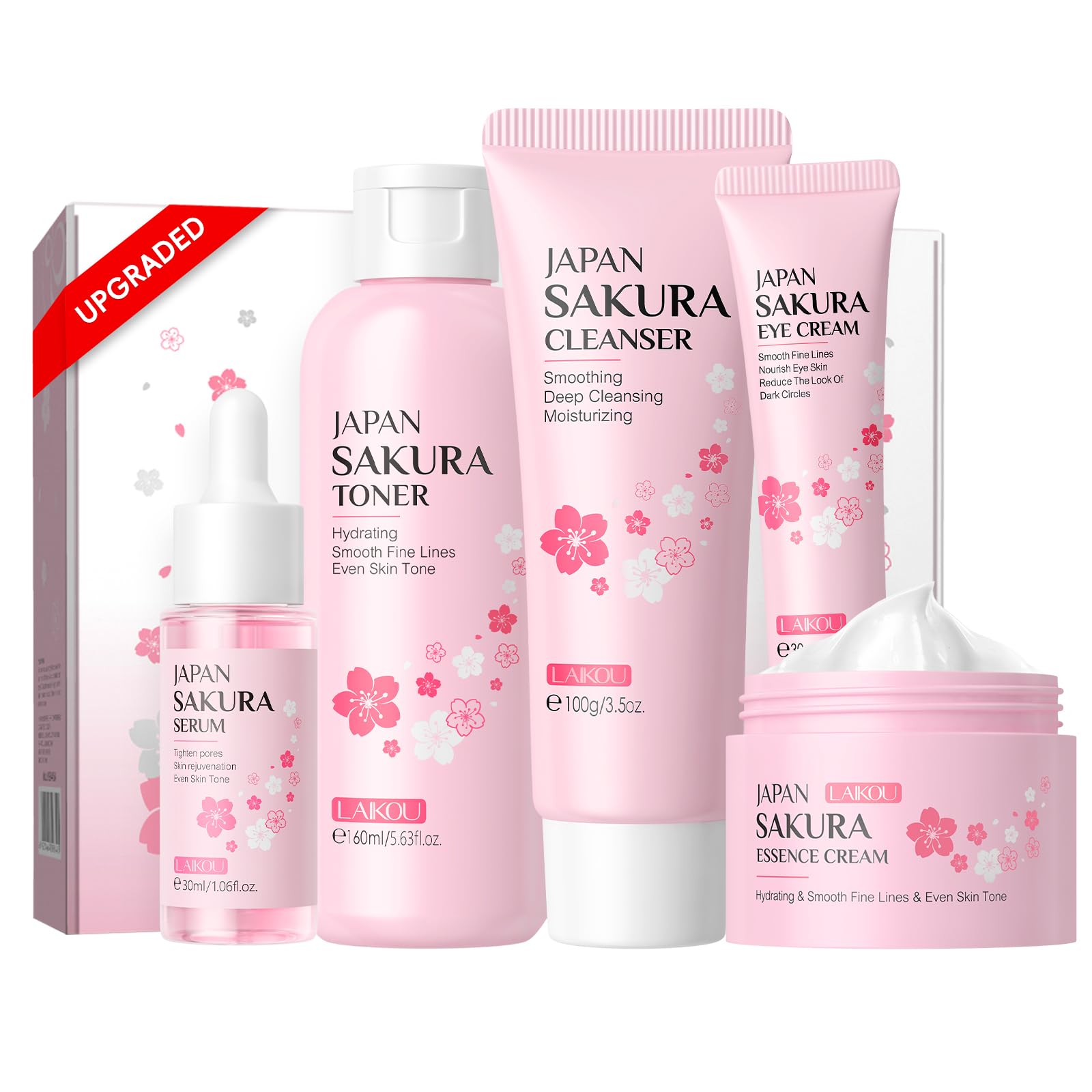 LAIKOU Skin Care Set JAPAN SAKURA Women Beauty Gift Sets Skin Care Kit with Cleanser, Toner, Serum, Eye Cream, Face Cream Travel Kit for Women Teen Girls Mom Daughter Birthday TSA-friendly Sizes 5pcs