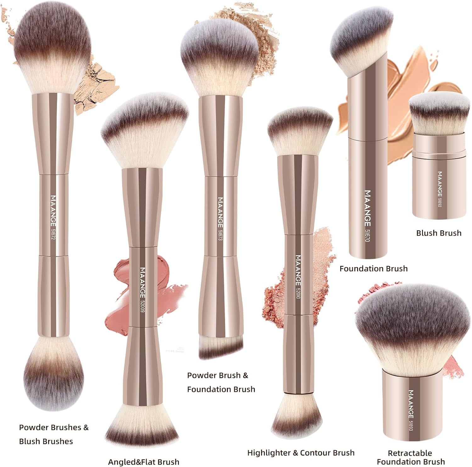 MAANGE 7pcs Makeup Brush Set Double Sided Kabuki Makeup Brushes Contour Brush for Foundation Liquid Powder Concealer Cream Cosmetics Bronzer Blending Blush Buffing Makeup Tools (Gold)