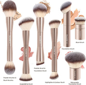 MAANGE 7pcs Makeup Brush Set Double Sided Kabuki Makeup Brushes Contour Brush for Foundation Liquid Powder Concealer Cream Cosmetics Bronzer Blending Blush Buffing Makeup Tools (Gold)