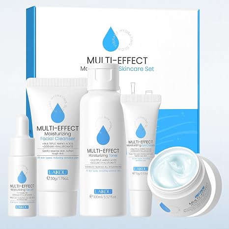 LAIKOU Multi-effect Moisturizing Skincare Set, 5 pcs Hydration Skin Care, Travel Size Skincare Kit with Cleanser Facial, Toner Hydrating, Face Serum, Eye Cream and Moisturiser Cream