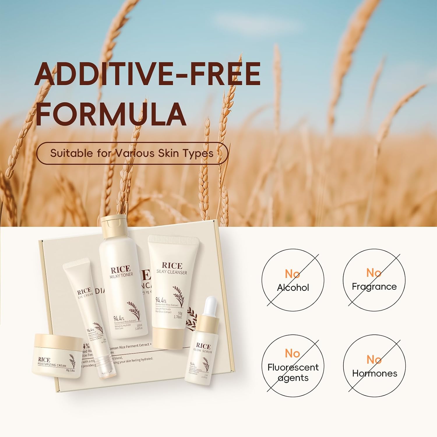 LAIKOU Rice Face Care, Pack of 5 Skin Care Women's Face Set, Travel Size Skincare with Facial Cleanser, Rice Toner, Eye Cream, Serum Moisturising Cream, for Daily Moisture & Care