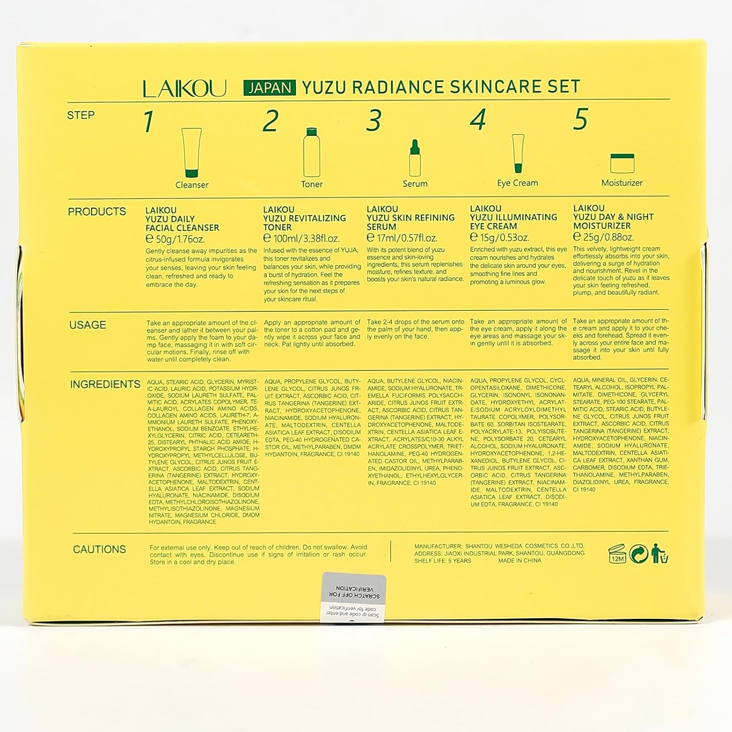 LAIKOU Yuzu Radiance Skincare Set - 5-Piece Skin Care Kit for Men & Women, Includes Cleanser, Toner, Serum, Eye Cream, and Moisturizer for Glowing Skin