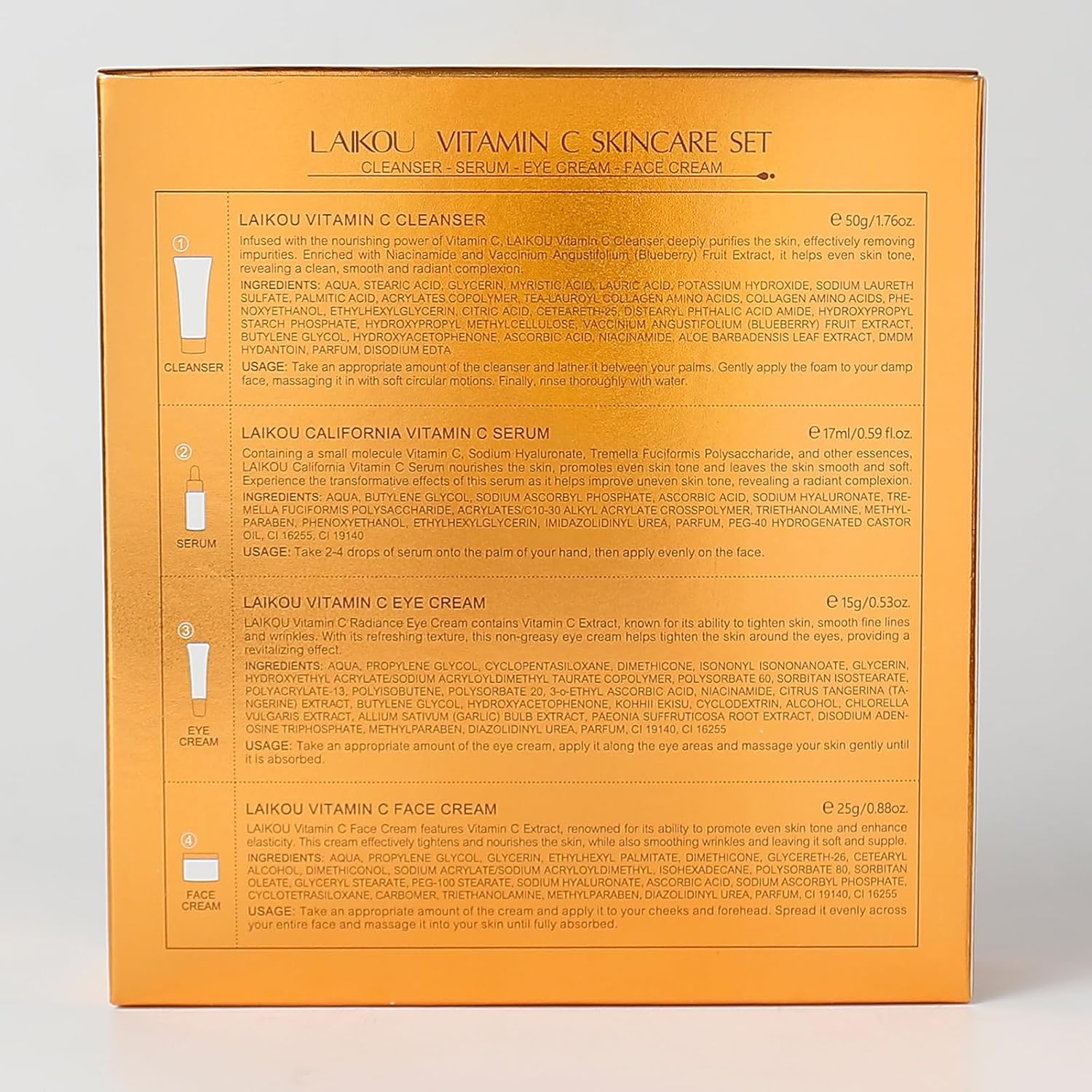 LAIKOU Vitamin C Skincare Set, 4pcs Face Skin Care Kit for Women - Cleanser, Serum, Eye Cream & Face Cream, Pamper Gift Sets for Women Teenage Girls, Facial Care Kit for Radiant Skin